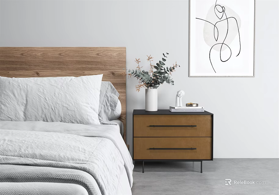 Wooden Bedroom Bedside Table with Two Drawers White Vase Flowers Small Decorative Item And Books 3d model 