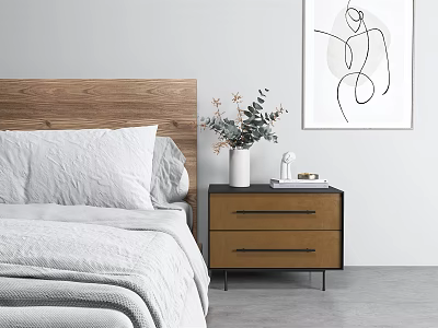 Wooden Bedroom Bedside Table with Two Drawers White Vase Flowers Small Decorative Item And Books 3d model