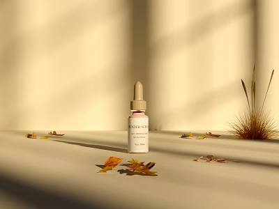 Perfume Cosmetic Serum Bottle With Fallen Leaves And Dry Grass In Minimalist Setting 3d model