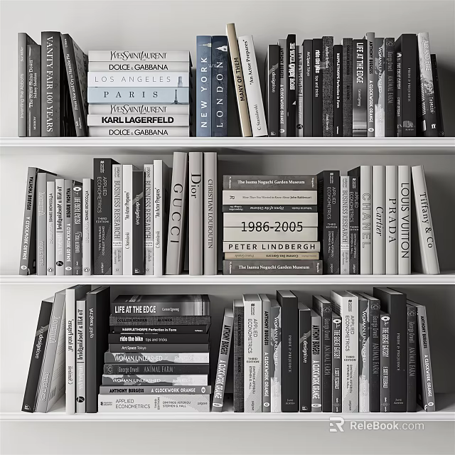 Organized Bookshelf with Various Black White Gray Books Featuring Lifestyle and Chronicle Titles 3d model 