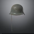 Vintage Military Protective Helmet With Worn Metal Surface On Display Stand