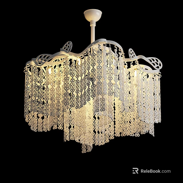 Elegant White Chandelier With Intricate Lace like Patterns And Hanging Fringe Details 3d model 
