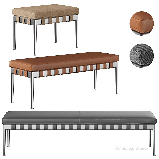Modern Leather Sofa Bench With Brown Gray Colors And Metal Legs Striped Design 3d model 