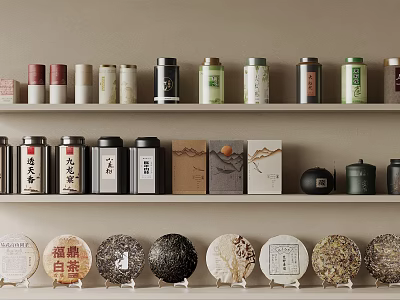 Traditional Ceramic Vessels Featuring Various Tea Canisters And Cakes On Shelves 3d model