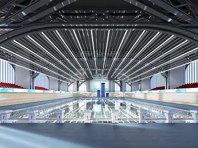 Large Indoor Swimming Pool With Spectator Seats And Modern Lighting Structure 3d model