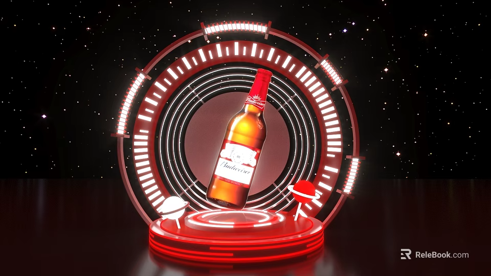 Photo Check-in Spot With Red Circular Neon Lights Starry Background And Wine Bottle 3d model 