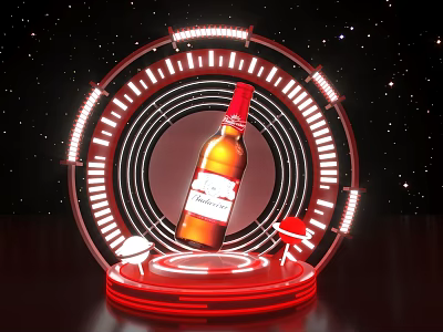 Photo Check-in Spot With Red Circular Neon Lights Starry Background And Wine Bottle 3d model