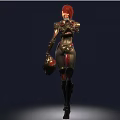 Woman in Black and Red Futuristic Combat Suit with Mechanical Arm Details