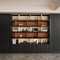 Modern Wine Cabinet With Dark Wood Finish Glass Shelves And Wine Bottle