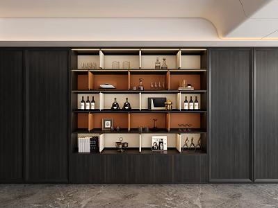 Modern Wine Cabinet With Dark Wood Finish Glass Shelves And Wine Bottle 3d model