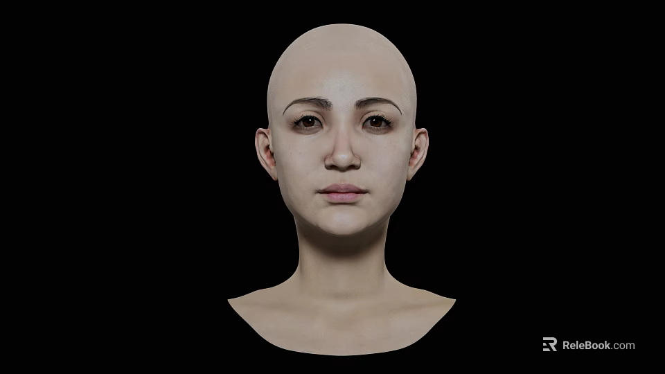 Bald Woman Front View Close Up Upper Body Portrait Isolated on Black Background 3d model 