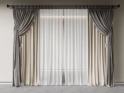 Elegant Double Layered Curtains With Sheer White Panels And Dark Gray Drapes For Modern Interior 3d model