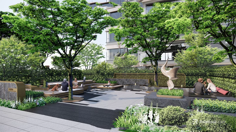 Tranquil Residential Landscape With Lush Trees Greenery Benches People Relaxing And Sculpture 3d model 