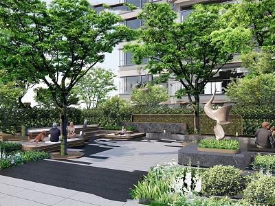 Tranquil Residential Landscape With Lush Trees Greenery Benches People Relaxing And Sculpture 3d model