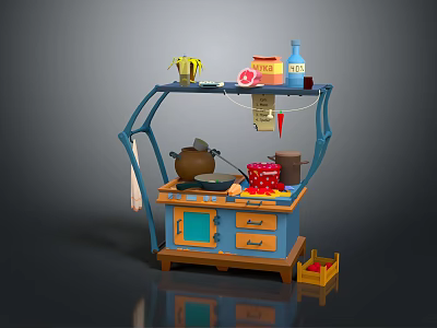 Blue Commercial Kitchen Workstation With Countertop Drawers Shelf Pot And Mug On Top 3d model