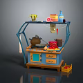 Blue Commercial Kitchen Workstation With Countertop Drawers Shelf Pot And Mug On Top
