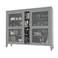 Modern Gray Display Cabinet with Glass Doors and Shelves Holding Books Decorative Items Plates and Wine Glasses