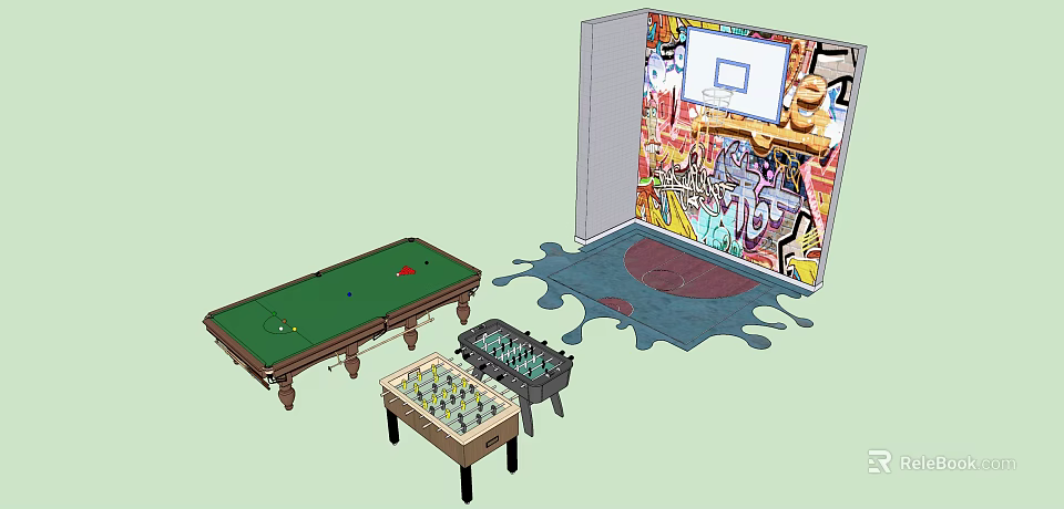 Fun Sports Equipment Setup With Billiard Foosball Tables And Graffiti Wall 3d model 