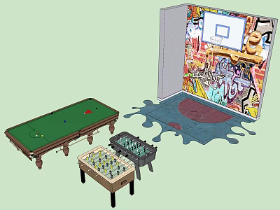 Fun Sports Equipment Setup With Billiard Foosball Tables And Graffiti Wall 3d model