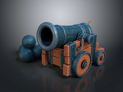 Vintage Cannon Weapon With Wooden Carriage Wheels And Iron Cannonballs 3d model