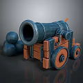 Vintage Cannon Weapon With Wooden Carriage Wheels And Iron Cannonballs