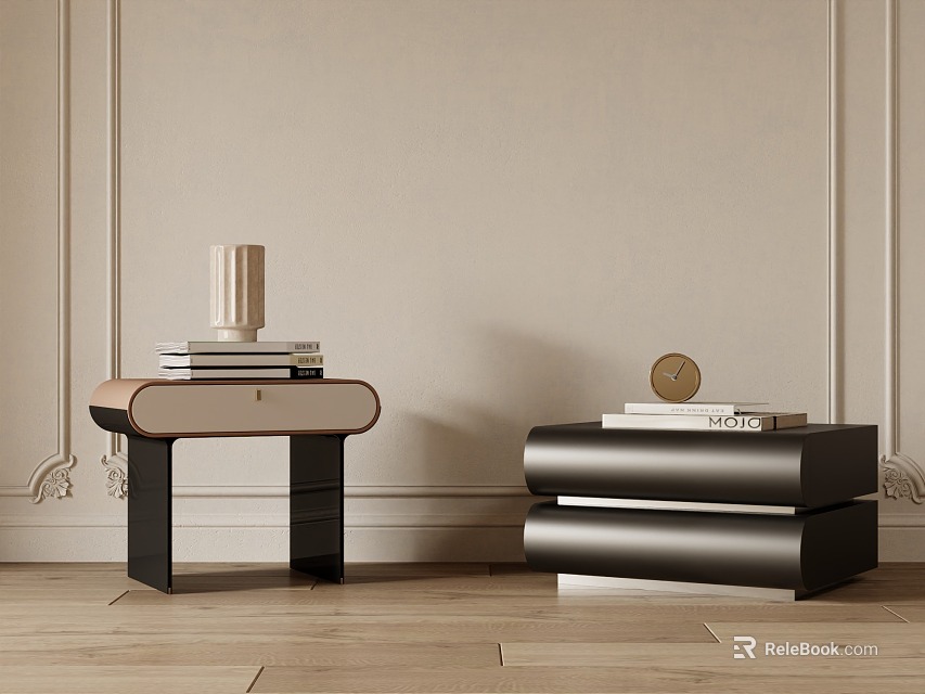 Contemporary Bedside Tables With Light Brown Wooden Tops Black Legs Books Cylindrical Decor And Round Clock 3d model 