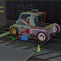 Colorful Small Car With Yellow Rims Near Repairs Sign And Traffic Cone