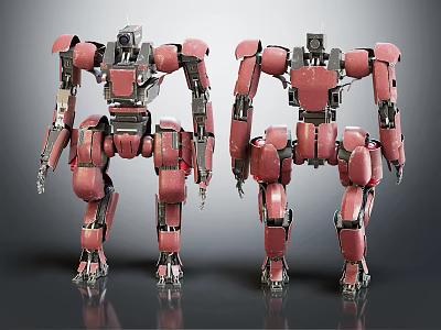 Two Red Mechanical Robot Characters With Detailed Metallic Structure And Standing Pose 3d model
