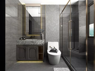 Modern Luxury Dark Gray Bathroom With Marble Vanity And Glass Shower Enclosure Design 3d model