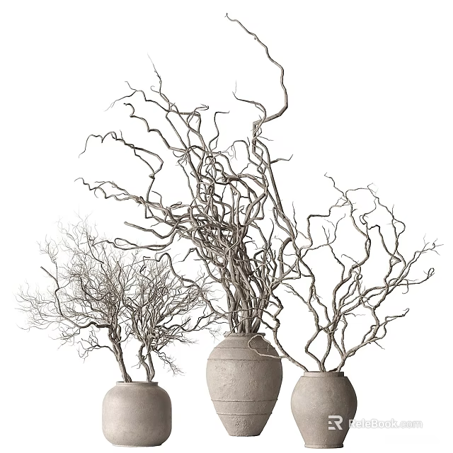 Three Natural Clay Vases With Slender Dried Twigs For Rustic Home Decor 3d model 