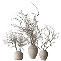 Three Natural Clay Vases With Slender Dried Twigs For Rustic Home Decor