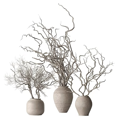 Three Natural Clay Vases With Slender Dried Twigs For Rustic Home Decor 3d model