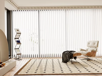 White Vertical Blinds In Modern Living Room With Sofa And Patterned Carpet 3d model