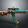 Vintage Modern Gun With Wooden Body Blue Glowing Accents And Scope