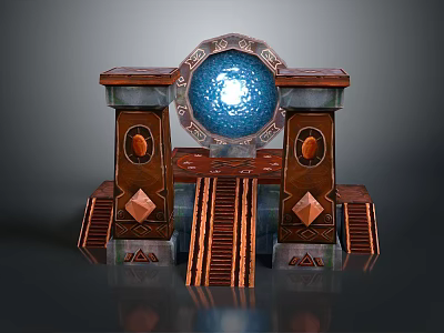 Ornate Fantasy Gate With Circular Blue Glowing Orb Red Pillars And Decorative Stairs 3d model