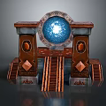 Ornate Fantasy Gate With Circular Blue Glowing Orb Red Pillars And Decorative Stairs