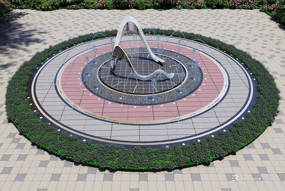 Modern Circular Water Fountain with Colorful Paving and Green Plant Surroundings 3d model 