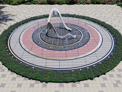 Modern Circular Water Fountain with Colorful Paving and Green Plant Surroundings 3d model