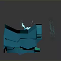 Abstract Blue 3D Model Design With Geometric Shapes Green Elements And Light Lines