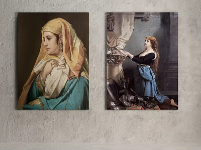 Two Classical Figurative Paintings Featuring Women In Headscarf And Blue Gown With Curtains 3d model