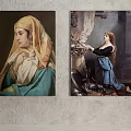 Two Classical Figurative Paintings Featuring Women In Headscarf And Blue Gown With Curtains