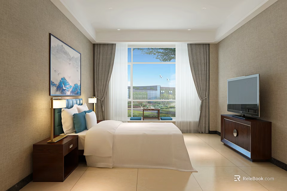 Hotel Guest Room Spacious Bed White Bedding Nightstands Wall Art Large Window Scenic View TV 3d model 