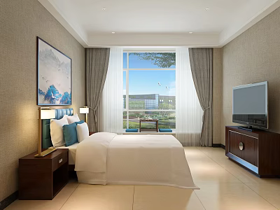 Hotel Guest Room Spacious Bed White Bedding Nightstands Wall Art Large Window Scenic View TV 3d model