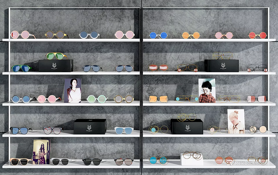 Stylish Jewelry Display On Shelves With Various Colors Styles Black Boxes And Portrait 3d model 