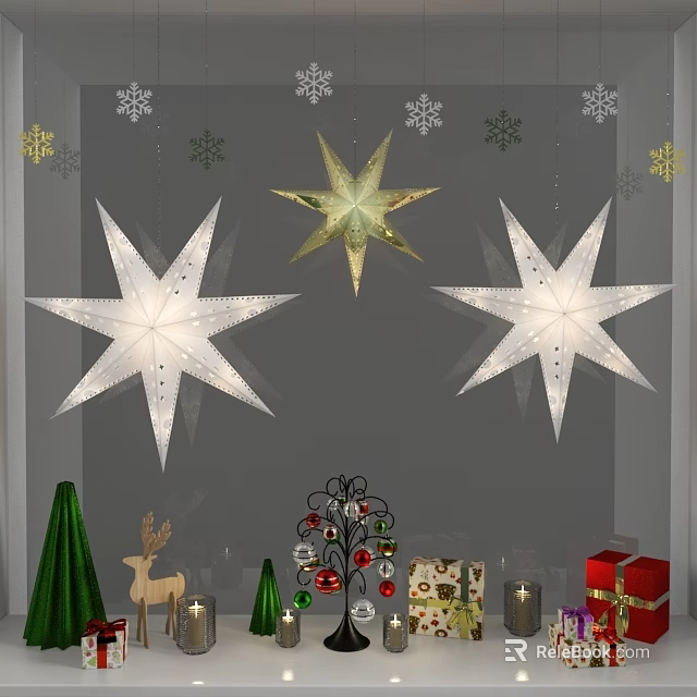 Christmas Decorative Ornaments Set With Snowflakes Star Hangings Deer Figurines And Gift Boxes 3d model 