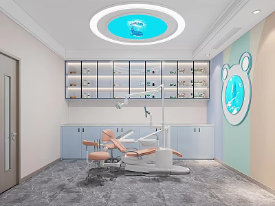 Modern Dental Treatment Room With Pink Chair Blue Ceiling Light And Bear Decoration 3d model