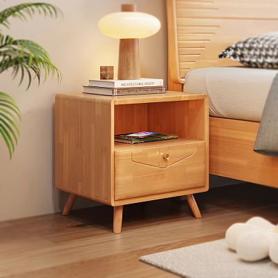 Wooden Modern Bedside Table With Drawer Open Shelf Holding Books And Table Lamp 3d model