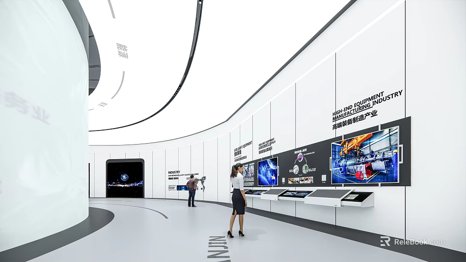 Modern Exhibition Hall Interior With Mechanical Engineering Showcase Interactive Screens And Exhibition Counters 3d model 