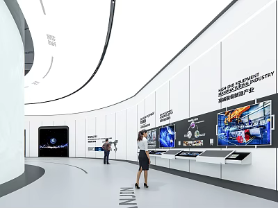 Modern Exhibition Hall Interior With Mechanical Engineering Showcase Interactive Screens And Exhibition Counters 3d model