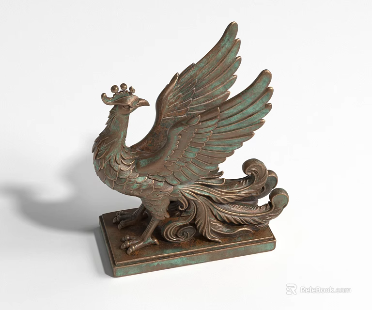 Classic Bronze Phoenix Landscape Sculpture With Spread Wings And Square Base 3d model 